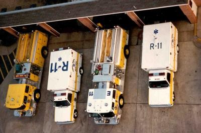 Aerial View of Retired Apparatus (left to right) - Wagon 11, Rescue 11, Engine 11, Rescue 11-1